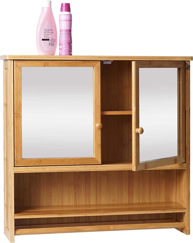 Spiegelschrank HWC-B18, Badspiegelschrank Hängeschrank, 3 Regalböden 2 Türen Spiegel Bambus 62x66x15cm Bild 1