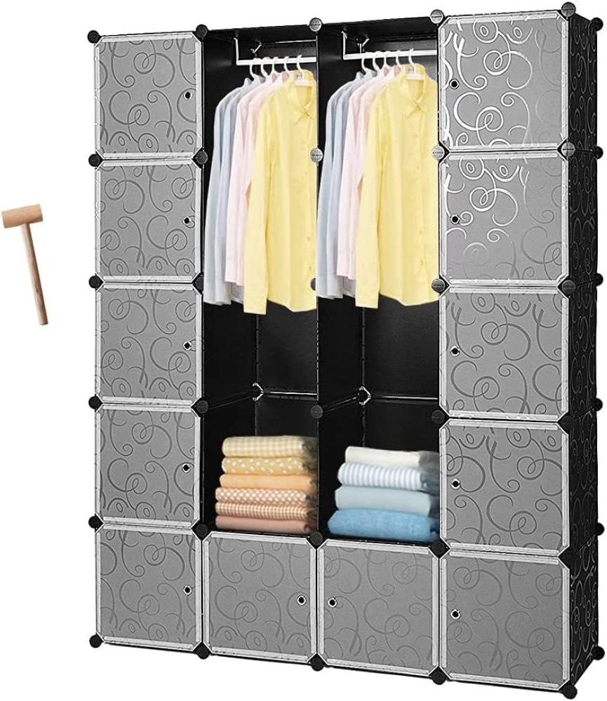 Lospitch Kleiderschrank, Tragbarer Regalsystem, 20 Würfel DIY Regalsystem Kleiderschrank Offen Kunststoff Garderobe mit Türen Garderobenschrank Schwarz 180 x 142 x 37CM Bild 1