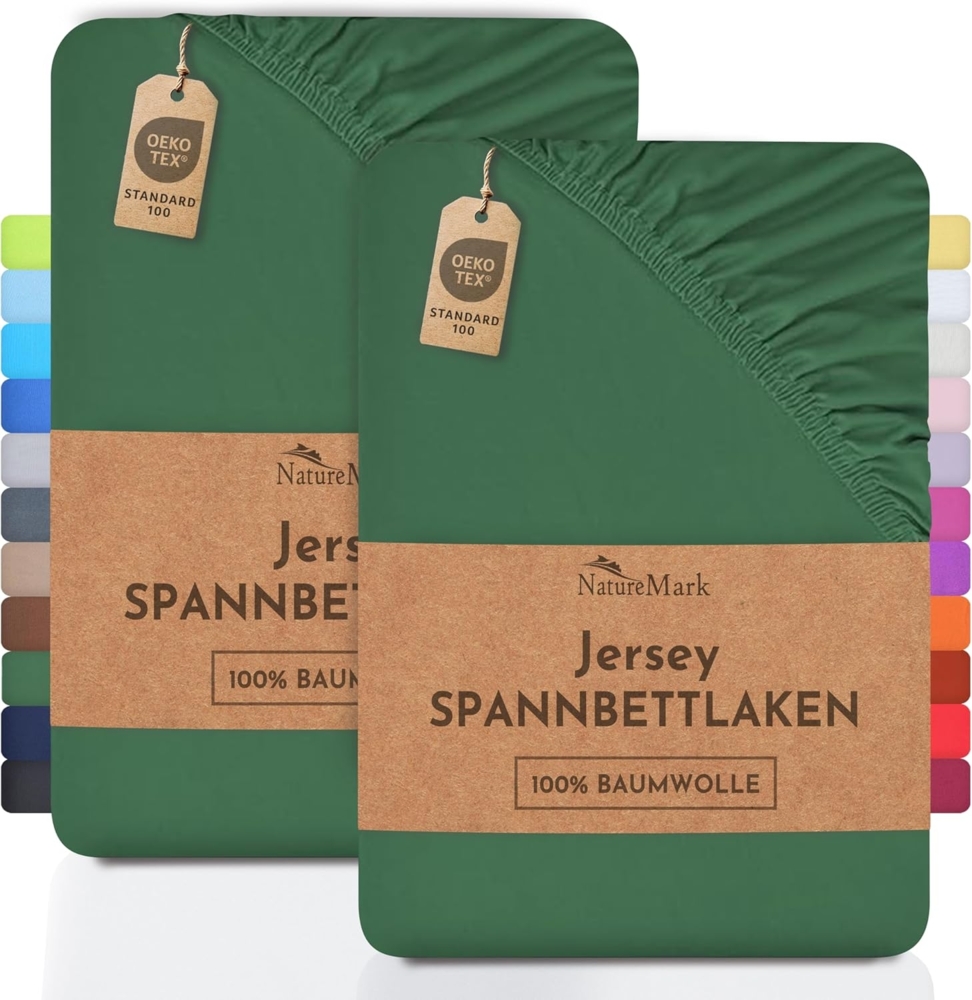 NatureMark 2er Pack Jersey Spannbettlaken, Spannbetttuch 100% Baumwolle in vielen Größen und Farben MARKENQUALITÄT ÖKOTEX Standard 100 | 120x200 cm - dunkel grün Bild 1