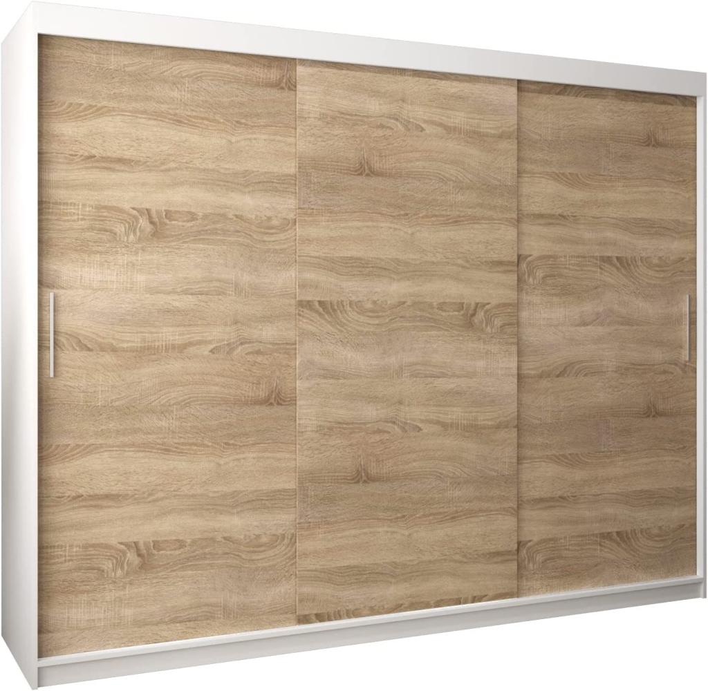 Schwebetürenschrank Tokyo 250 cm Kleiderschrank mit Kleiderstange und Einlegeboden Schlafzimmer- Wohnzimmerschrank Schiebetüren Modern Design (Weiß + Sonoma) Bild 1