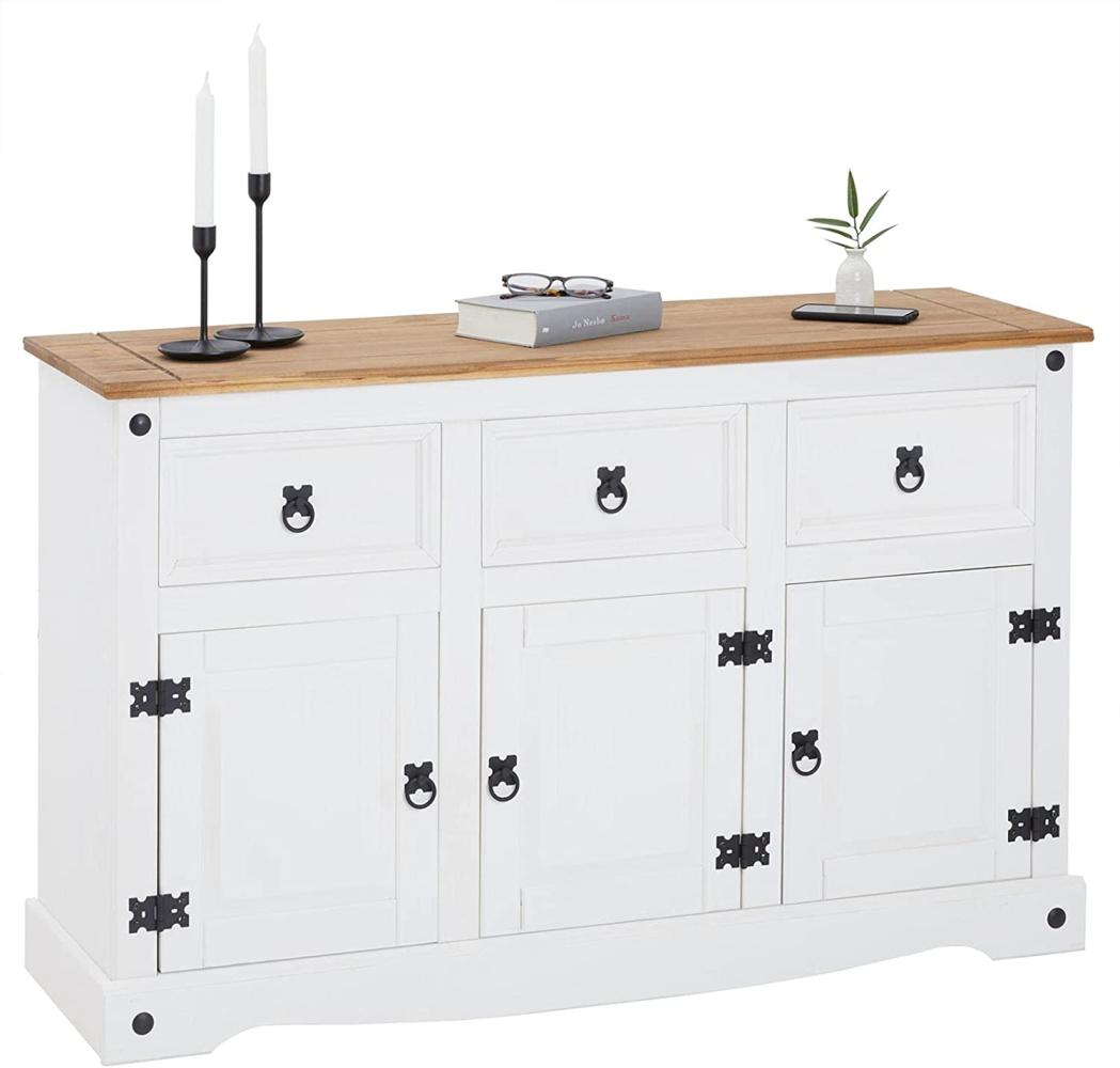 Sideboard Campo im Mexiko Stil Kommode Kiefer massiv weiß mit 3 Schubladen und 3 Türen Buffetschrank Geschirrschrank Bild 1