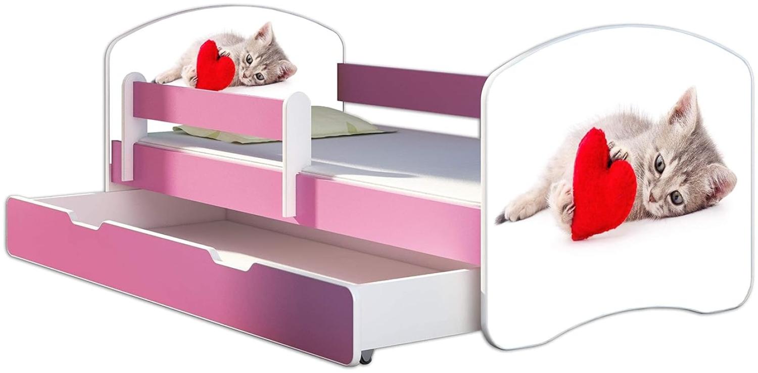 Kinderbett Jugendbett mit einer Schublade und Matratze Rausfallschutz Rosa 70 x 140 80 x 160 80 x 180 ACMA II (40 Katze mit Herz, 70 x 140 cm + Bettkasten) Bild 1