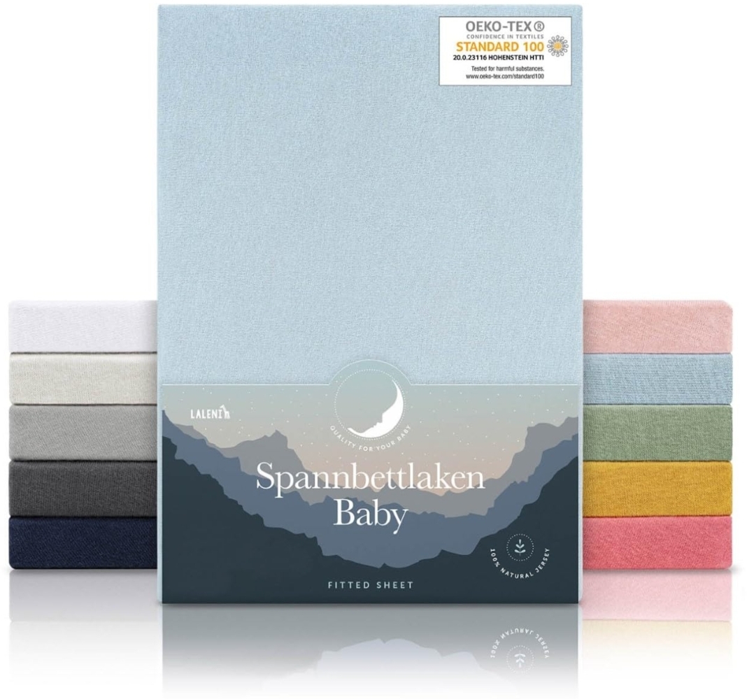 Laleni 2er-Set Jersey Spannbettlaken Laufgitter quadratisch 100x100 cm - Oeko-Tex Zertifiziert, 100% Baumwolle, atmungsaktives Spannbetttuch für Baby, 135 g/m², Hellblau Bild 1