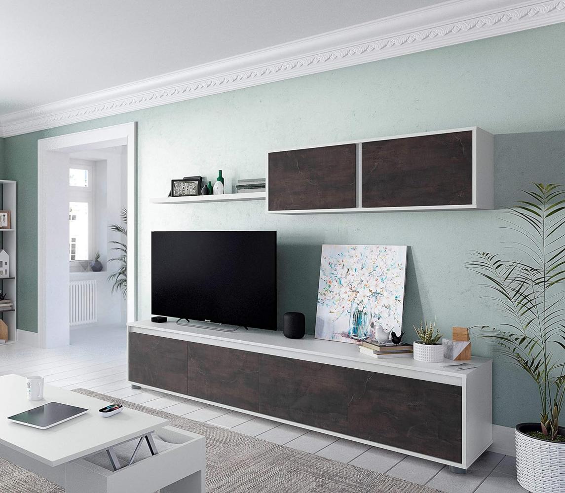 Dmora Wohnzimmer-TV-Schrank mit vier Türen, mit Hängeschrank und Regal, dunkelbraun und glänzend weiß, TV-Schrankmaß 200 x 43 x 41 cm Hängeschrank 105 x 35 x 29 cm Regal 95 x 3 x 21 cm Bild 1