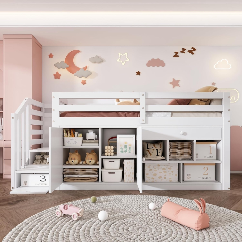 Odikalo Kinderbett Hochbett Stauraum Schubladen Schreibtisch ohne Matratze 90*200cm weiß Bild 1