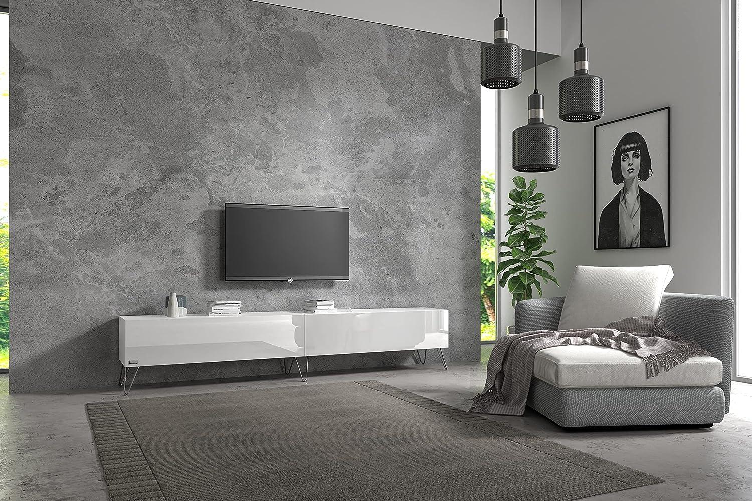 Wuun® TV-Board Lowboard Wohnwand TV-Bank Somero / 240cm (2x120 cm) / Weiß-Matt & Weiß-Hochglanz/Haarnadel Chrom Bild 1