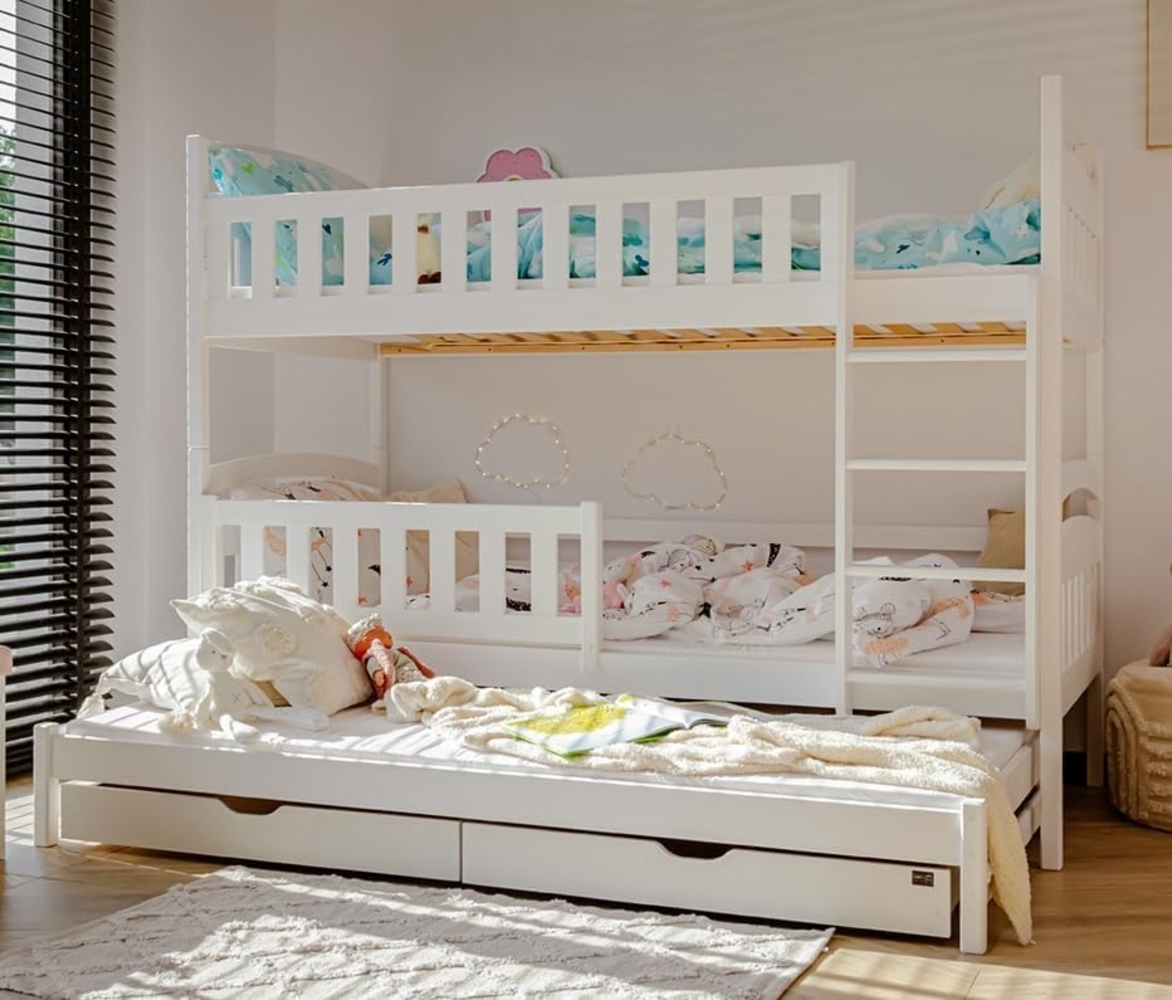 Kids Collective Hochbett mit Ausziehbett, zwei Schubladen, Lattenrost & Rausfallschutz, umbaubar in drei Einzelbetten, Kieferholz weiß, 90x200 cm Bild 1