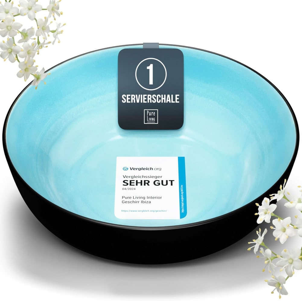 Steingut Servierschüssel Ibiza TESTSIEGER, Traumhafte Mediterrane Salatschüssel, Servierschale - Bowl Schüssel Groß, Salatschale - Pure Living in Aquamarin Bild 1