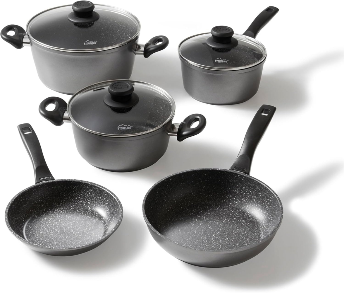 STONELINE Kochbesteck-Set (Kochgeschirr-Set, 8-tlg, Kochgeschirr-Set, 2x Kochtopf, 1x Stielkasserolle, 2x Bratpfanne), mit echten Steinpartikeln, induktionsgeeignet, Designed in Germany Bild 1