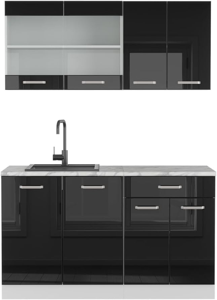 Singleküche R-Line Schwarz Hochglanz/Weiß 140 cm , AP Marmor Vicco Bild 1