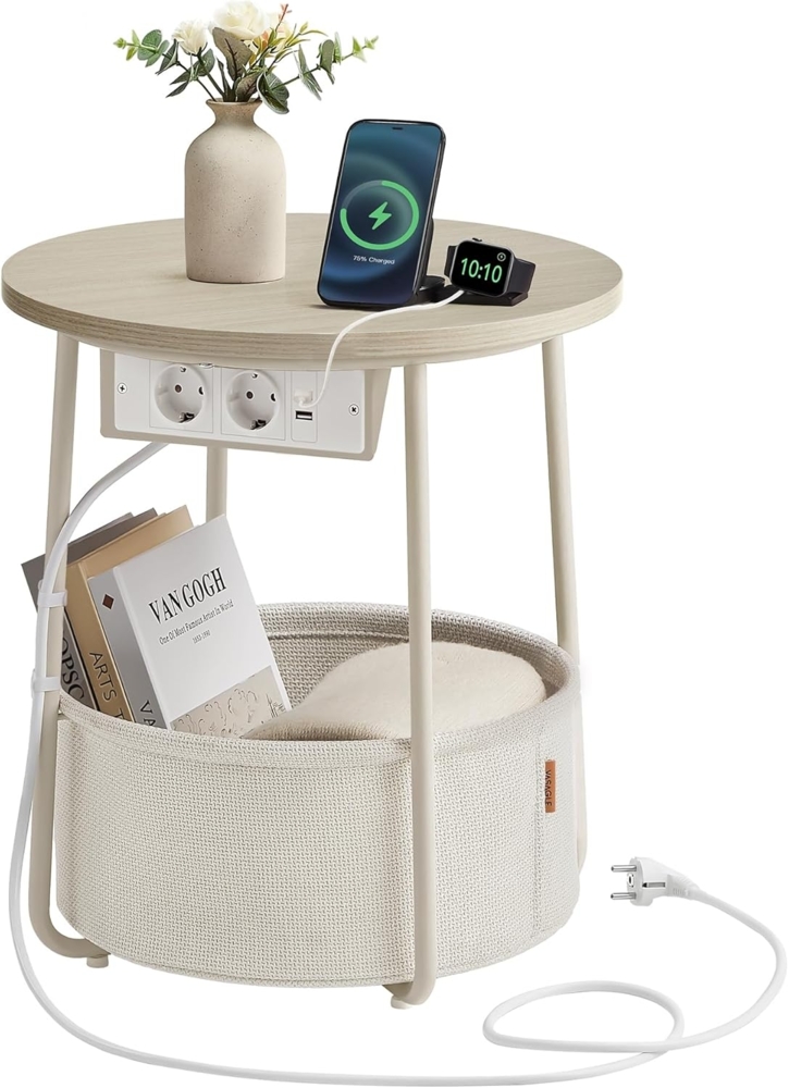 VASAGLE Beistelltisch rund, Kleiner Tisch, Couchtisch mit Steckdose, Wohnzimmertisch, Korb aus Stoff, Stauraum für Wohnzimmer Schlafzimmer, Nachttisch modern, naturbeige-cremeweiß LET228LL01 Bild 1