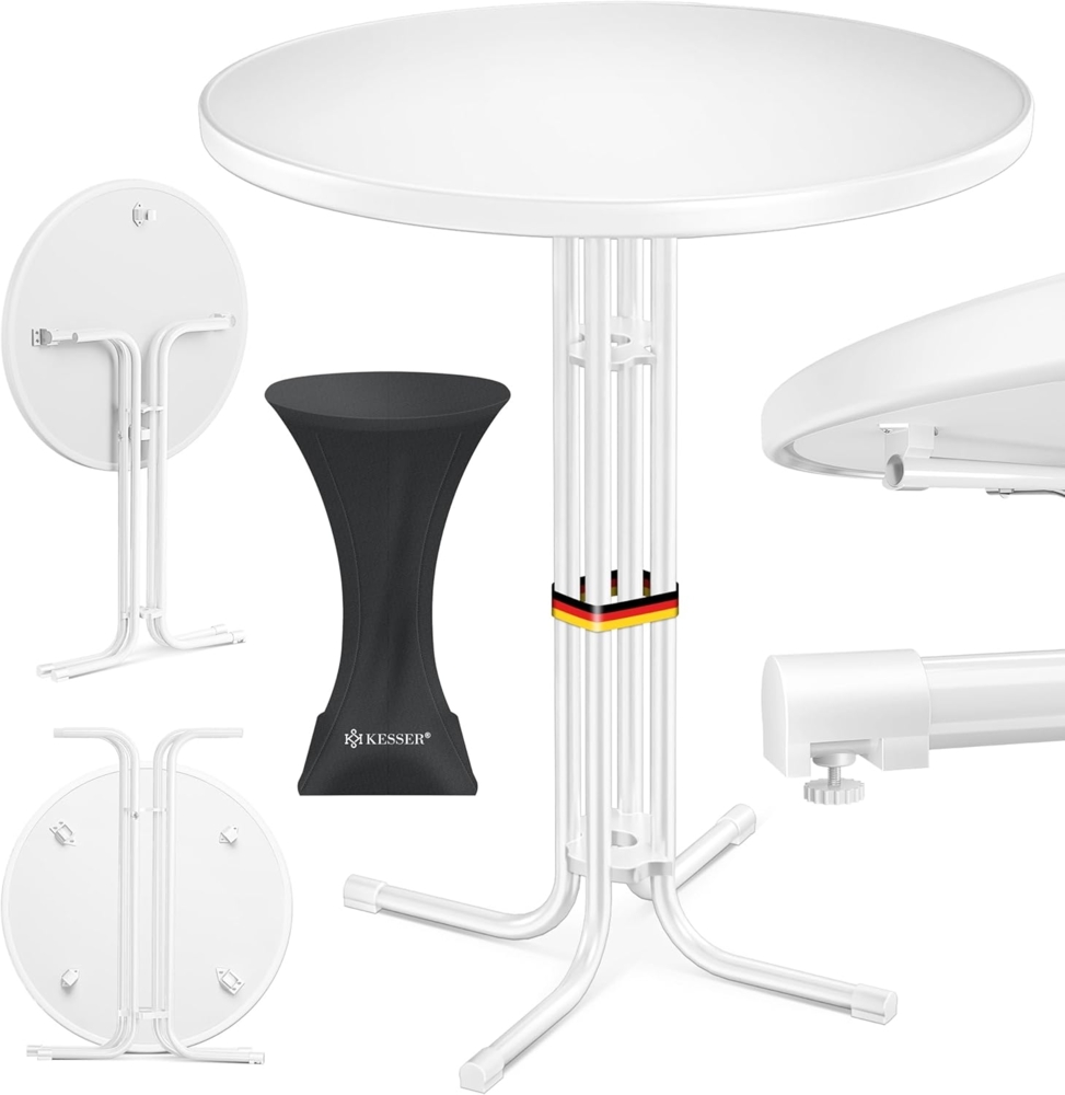 KESSER® Gastro Stehtisch klappbar Bistrotisch | Pulverbeschichtete Edelstahlplatte | höhenverstellbare Füße | Partytisch Tisch Ø 80cm | In- & Outdoor | Empfangstisch inkl. Husse | Klapptisch Weiß Bild 1