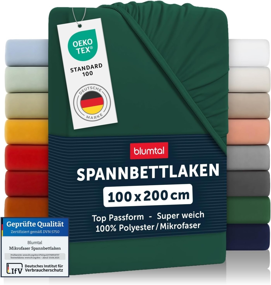Blumtal® Spannbettlaken 100x200 cm - Bettlaken 100x200 Spannbettlaken aus Microfaser - Spannbetttuch 100x200 cm - Spannleintuch 100x200 - Leintuch 100x200 cm - Bettbezug 100x200 - Laken - Dunkelgrün Bild 1
