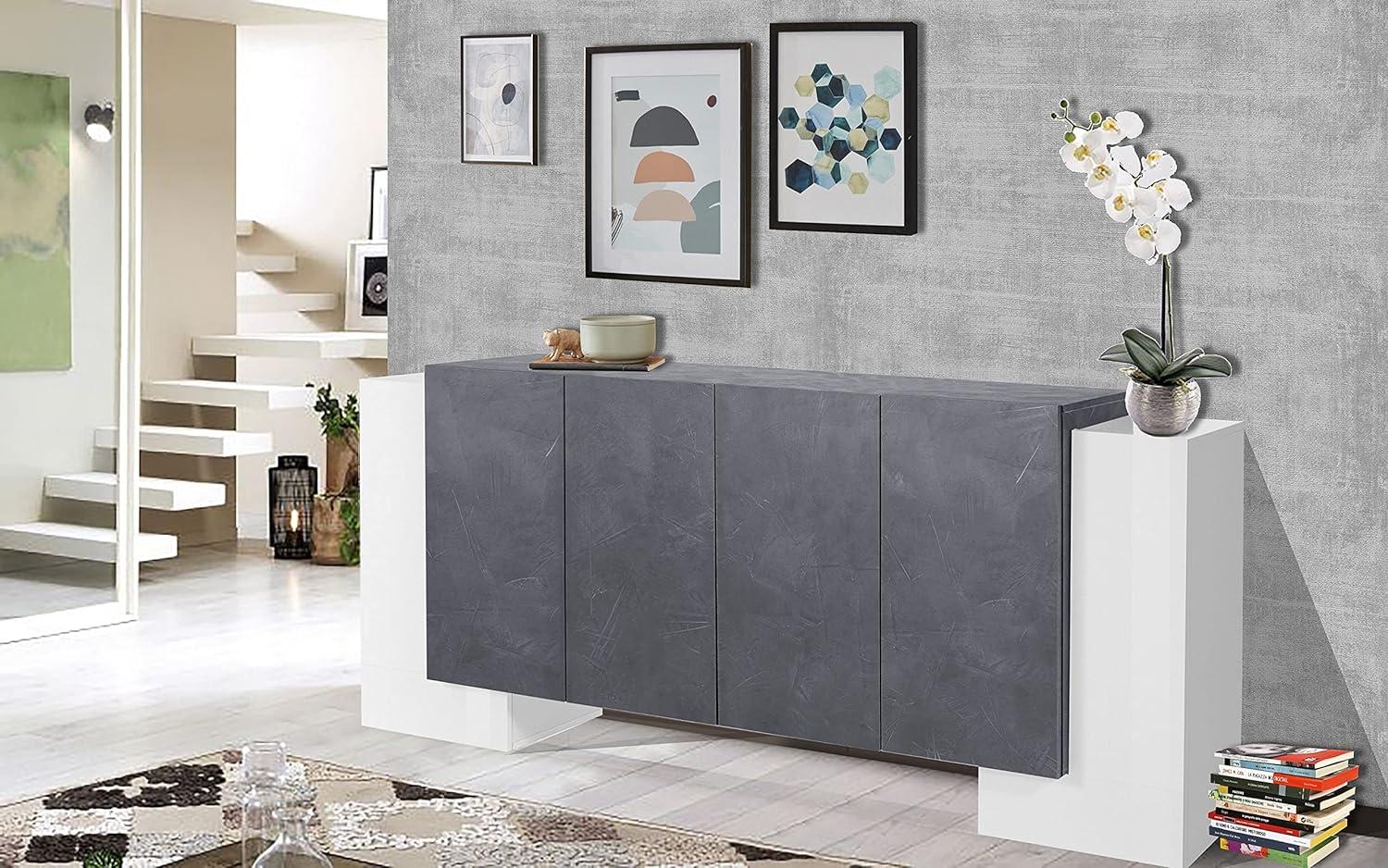 Dmora Modernes 6-türiges Sideboard, Made in Italy, Küchen-Sideboard, Wohnzimmer-Design-Buffet, 210x45h85 cm, Farbe Weiß glänzend und Aschgrau Bild 1