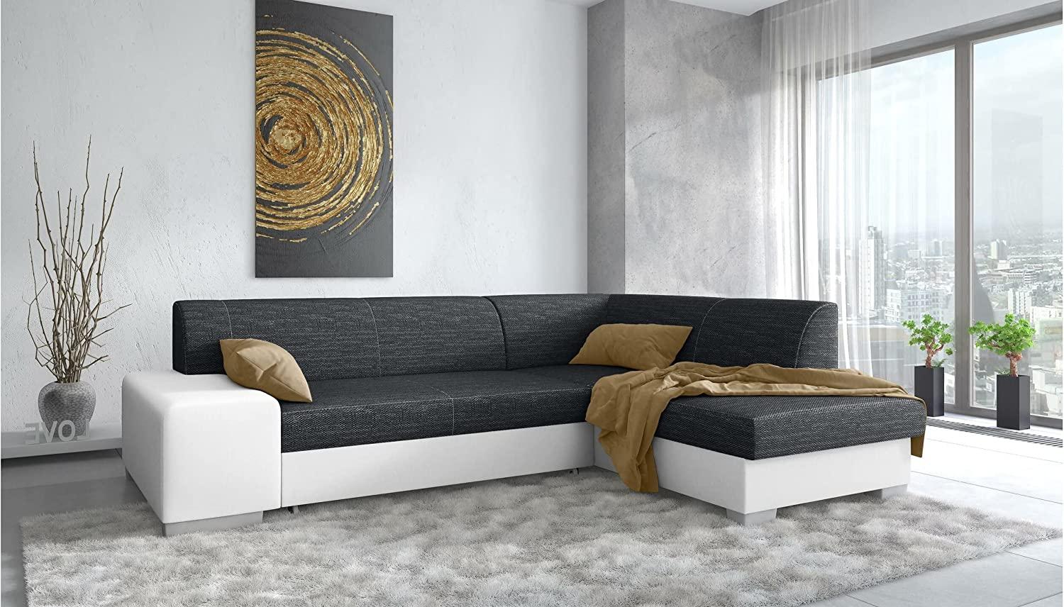 Stylefy Panaro Ecksofa Kunstleder MADRYT Strukturstoff BERLIN Weiß Schwarz Rechts mit Bild 1