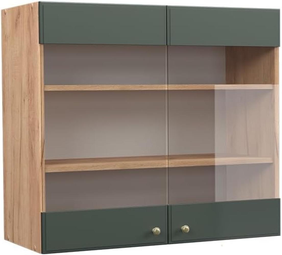 Vicco Küchenschrank Küchenmöbel Fame-Line Landhaus Küche Einbauküche Küchenzeile Blende Unterschrank Hochschrank Hängeschrank (Eiche-Grün-Gold, Hängeglasschrank 80 cm) Bild 1