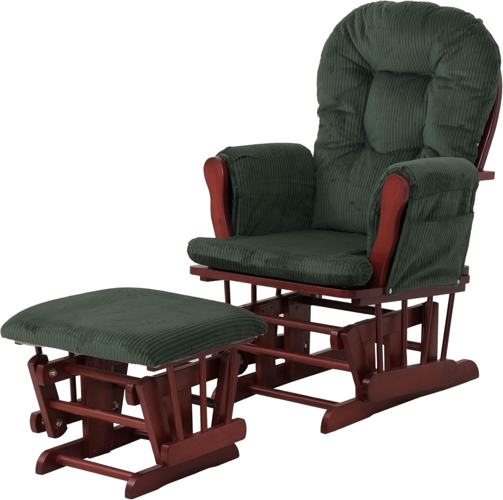 Relaxsessel HWC-C76, Schaukelstuhl Sessel Schwingstuhl mit Hocker Stoff Cord 320g/m² Öko-Tex ~ grün Gestell dunkel Bild 1