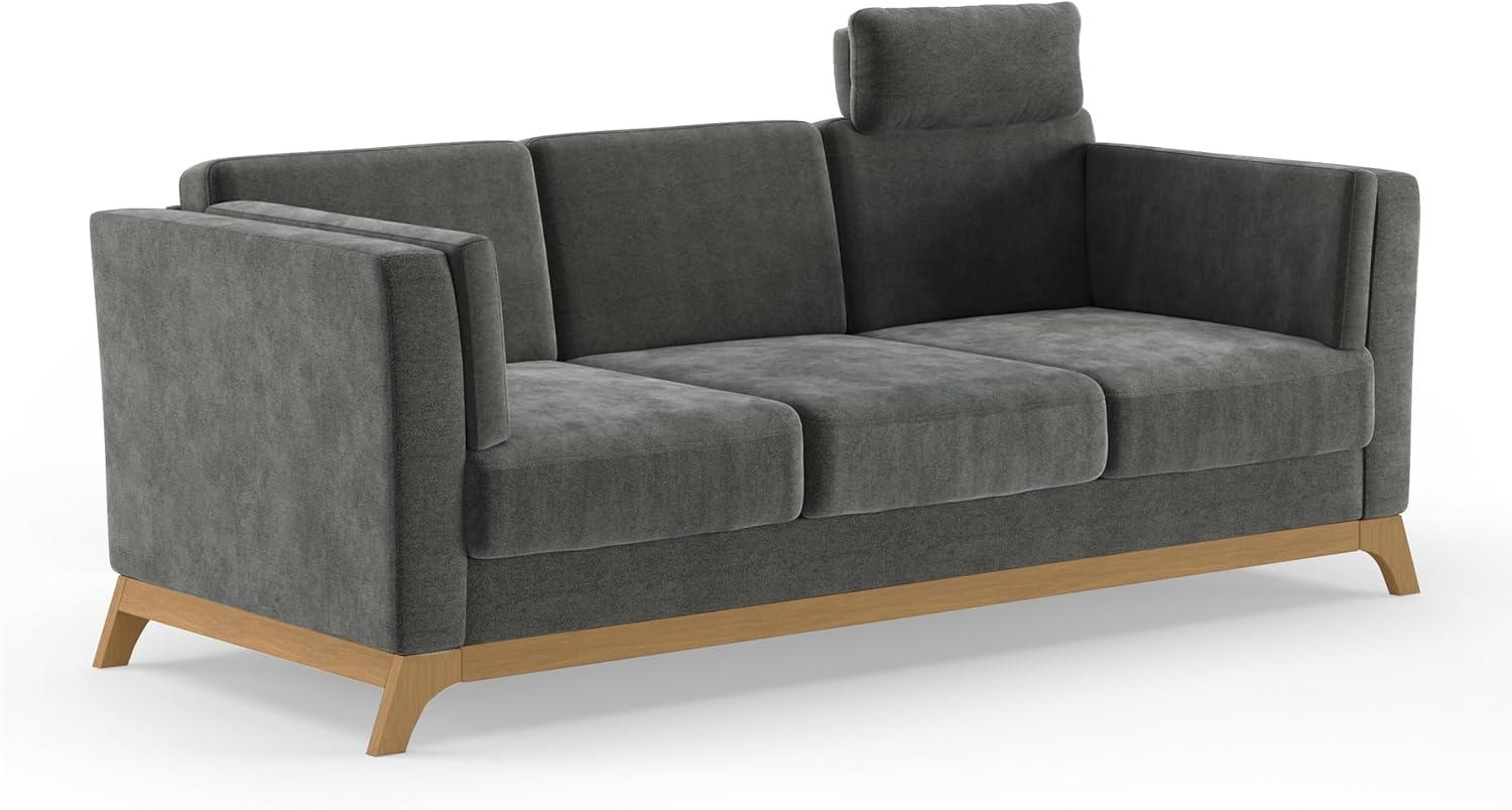 Cavadore 3er-Sofa Vida / 3-Sitzer Couch im trendigen Design mit massivem Holzrahmen in Eiche, Kopfstütze mit Kuschelkissen / 213 x 84 x 93 / Mikrofaser, Grauoliv Bild 1