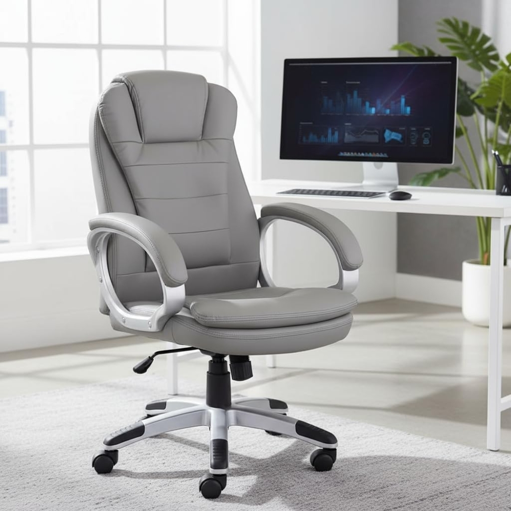 Mucola Chefsessel mit verstellbaren Armlehnen, Sitzhöhe und Neigungsfunktion, Kunstleder grau, max. 120 kg Bild 1
