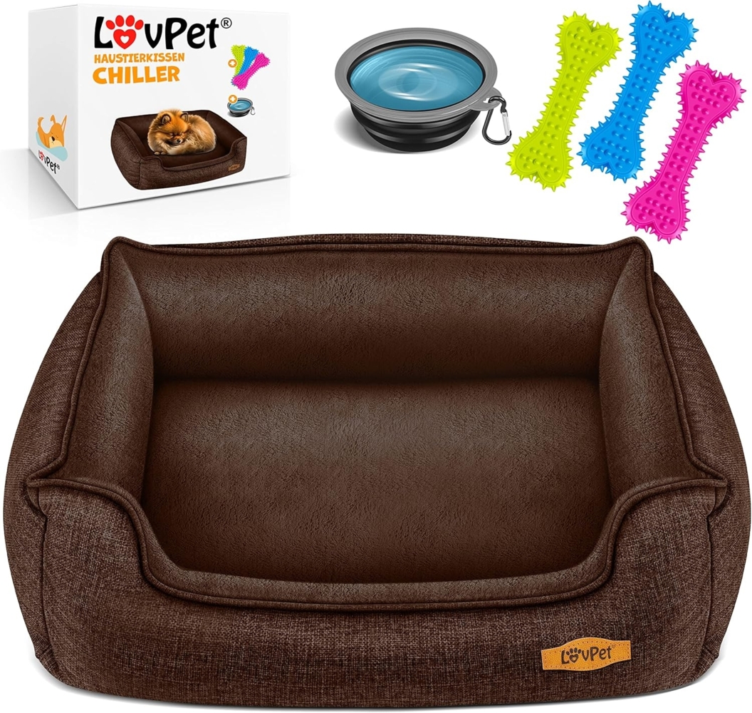 LovPet® Hundebett Hundekissen Hundekorb Chiller, Inkl. Napf + 3X Kauknochen, Hundesofa Kissen für Kleine, Mittelgroße & Große Hunde, Bezug abnehmbar und waschbar Braun, M (70 x 55 x 21 cm) Bild 1