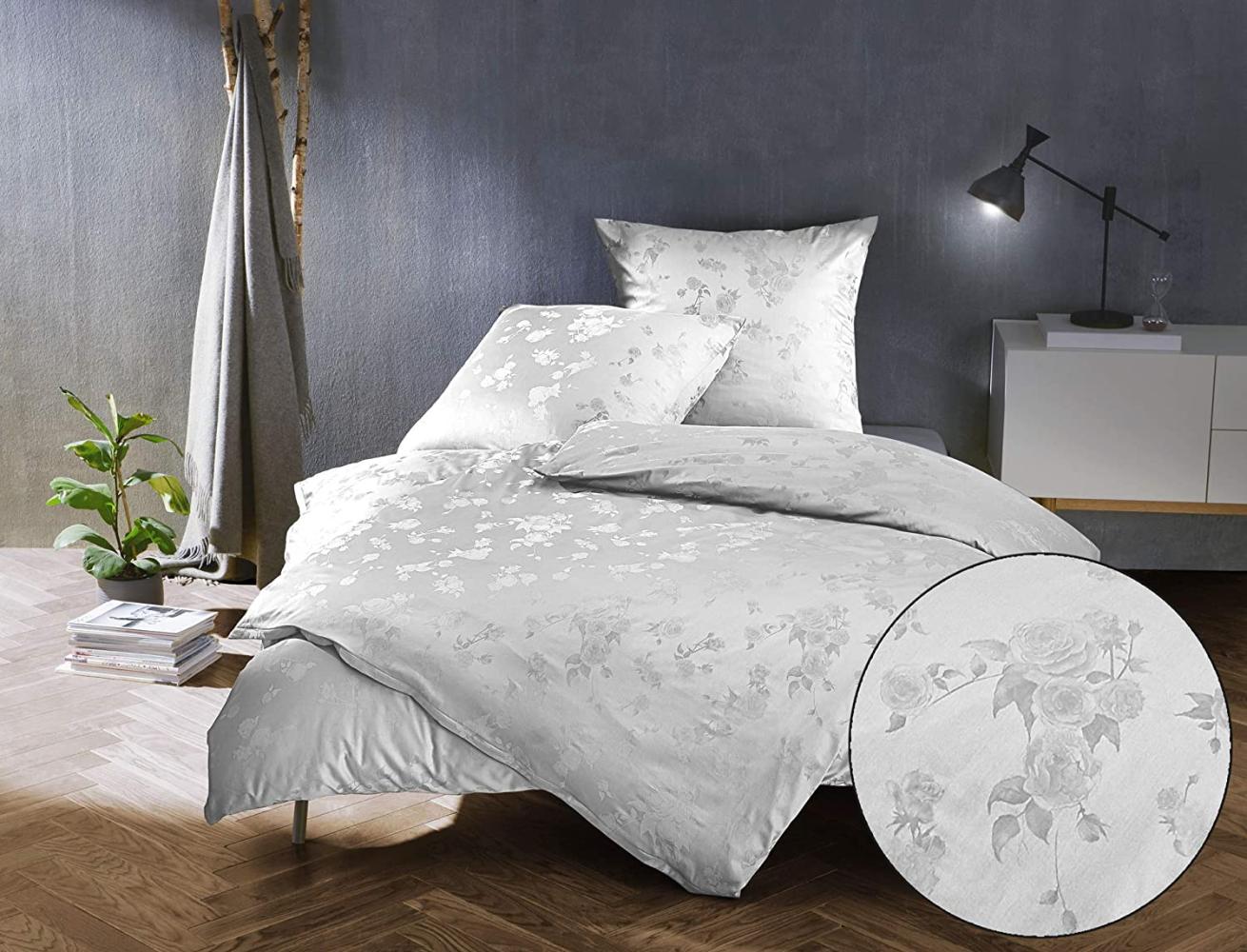 Bettwaesche-mit-Stil Mako Satin Jacquard Damast Bettwäsche Zoé Rose – weiß – Kissenbezug 80x80 cm Bild 1