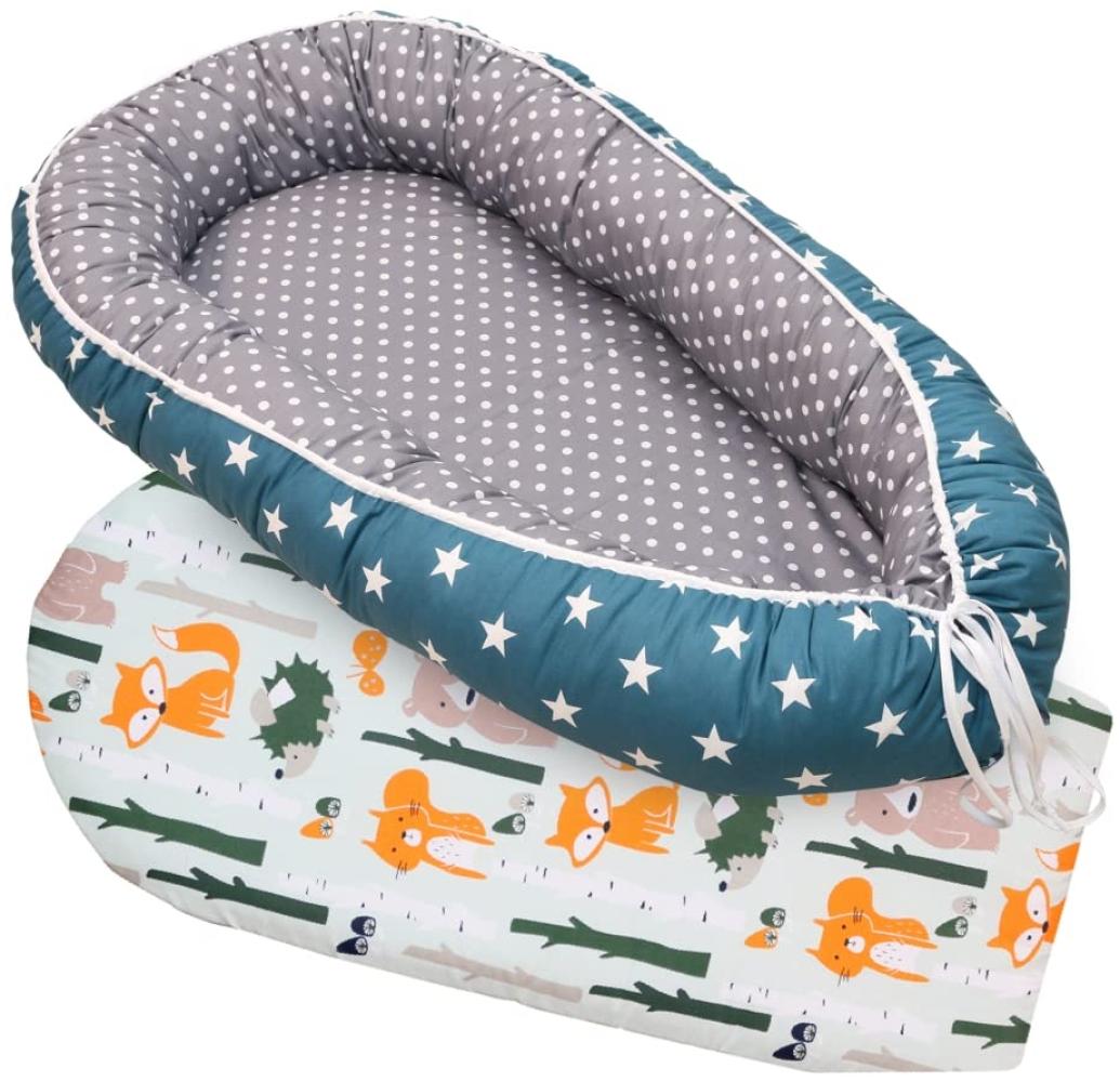 ULLENBOOM ® Babynest Set mit Einlage, Kuschelnest (55x95 cm) Petrol Grau (Made in EU) - Baby Nestchen aus Baumwolle, ideal als Reisebett, Baby Cocoon & Kuschelbett, im Set mit Einlage Bild 1