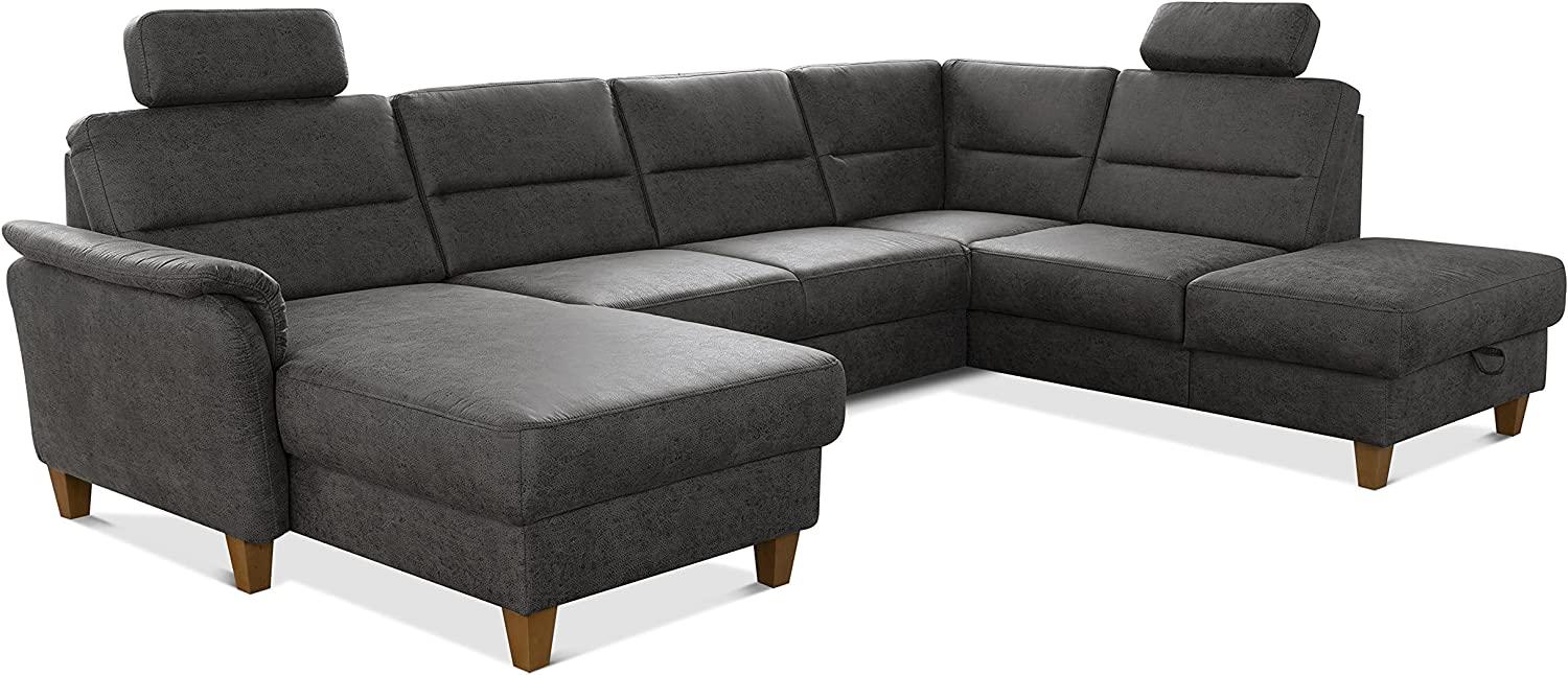 CAVADORE Wohnlandschaft Palera / U-Form Federkern-Sofa mit Schlaffunktion, Stauraum und 2 Kopfstützen / 314 x 89 x 212 / Mikrofaser in Lederoptik, Dunkelgrau Bild 1