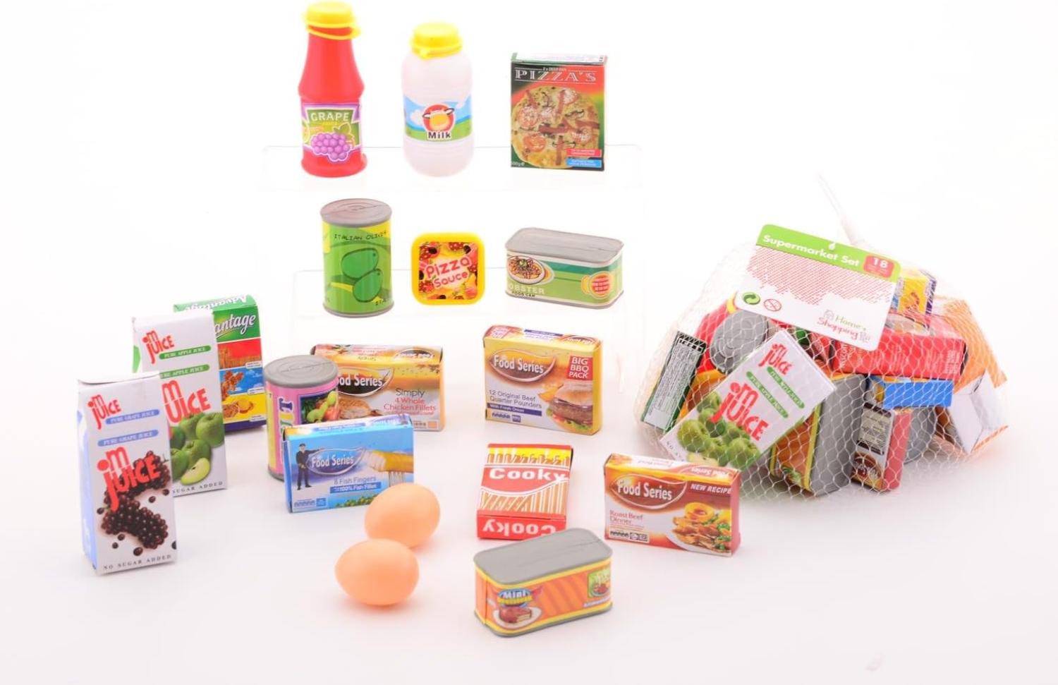 Johntoy 18 teiliges Supermarkt - Zubehör Set für den Kinderkaufladen / Kaufladen / Kaufmannskinderladen z.B. mit Lebensmittelkonserven und Getränkeflaschen usw. (Kaufladenzubehör 18 Teile) Bild 1