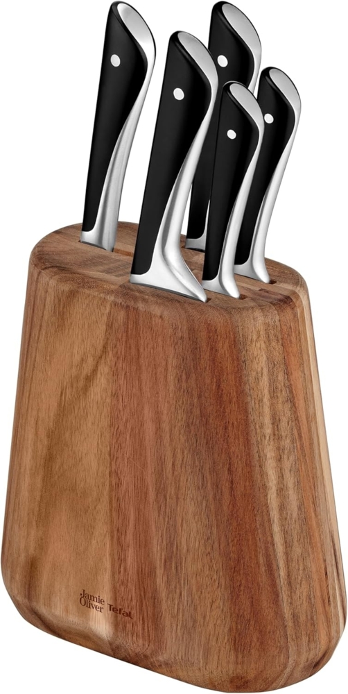 Jamie Oliver by Tefal 5-teiliges Küchenmesser-Set + Block, Koch-/Santoku-/Brot-/Universal-/Schälmesser, eisgehärtet, deutsche Edelstahlklingen, Akazienholz-Block, Braun, K267S556 Bild 1