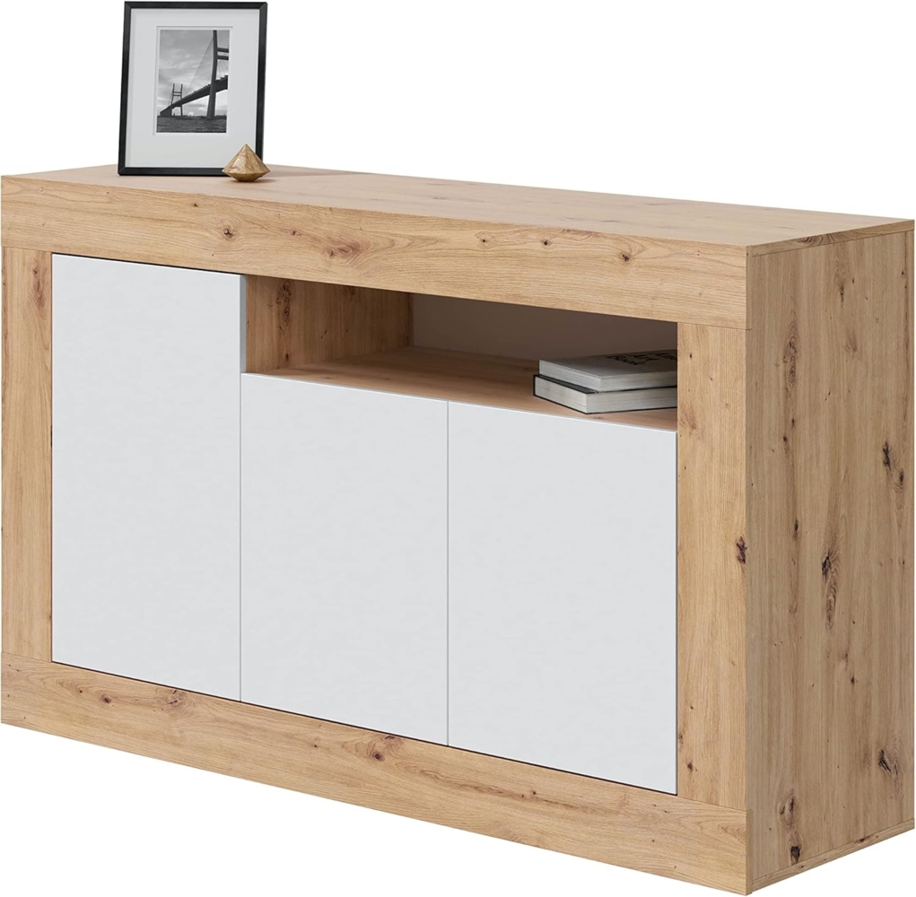 Habitdesign Anrichte mit 3 Türen, Buffet für Wohnzimmer, Beistellschrank, Modell Baltik, Weiß Artik und Nodi-Eiche, Maße: 144 cm (B) x 87 cm (H) x 42 cm (T) Bild 1