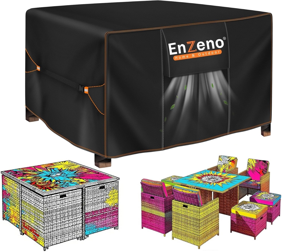 Enzeno Gartenmöbel Abdeckung Wasserdicht, 125 x 125 x 74 cm Abdeckung Gartenmöbel Tisch Winterfest, 420D Oxford Gewebe Schutzhülle für Gartentisch Sitzgruppe Möbelsets,Rechteckig,Quadratisch Bild 1