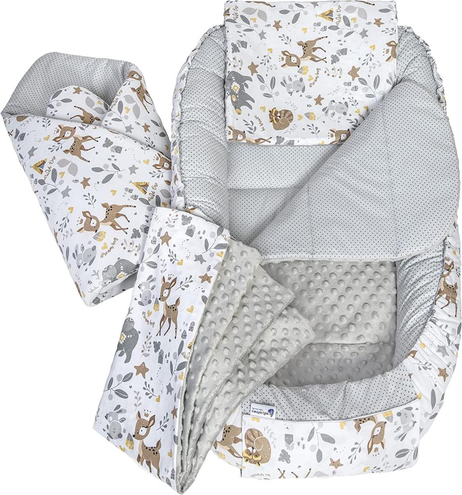 Medi Partners 5 teilig Babynestchen Set Babynest 100 x 60 x 15 herausnehmbarer Einsatz Bett Kuschelnest Krabbeldecke Babys Neugeborene 100% Baumwolle (REH mit Grauem Minky) Bild 1