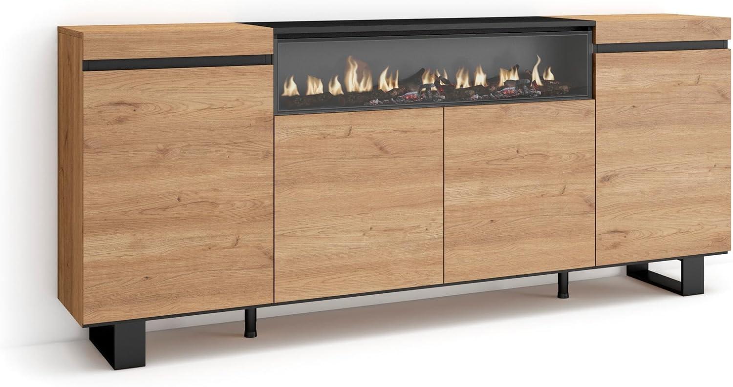 Skraut Home | Sideboard, Highboard | Kommode, Komodenschrank | 200x87x35cm | 4 Türen | Elektrokamin. Maße | Industriedesign | Moderner Stil | Eiche Schwarz Bild 1