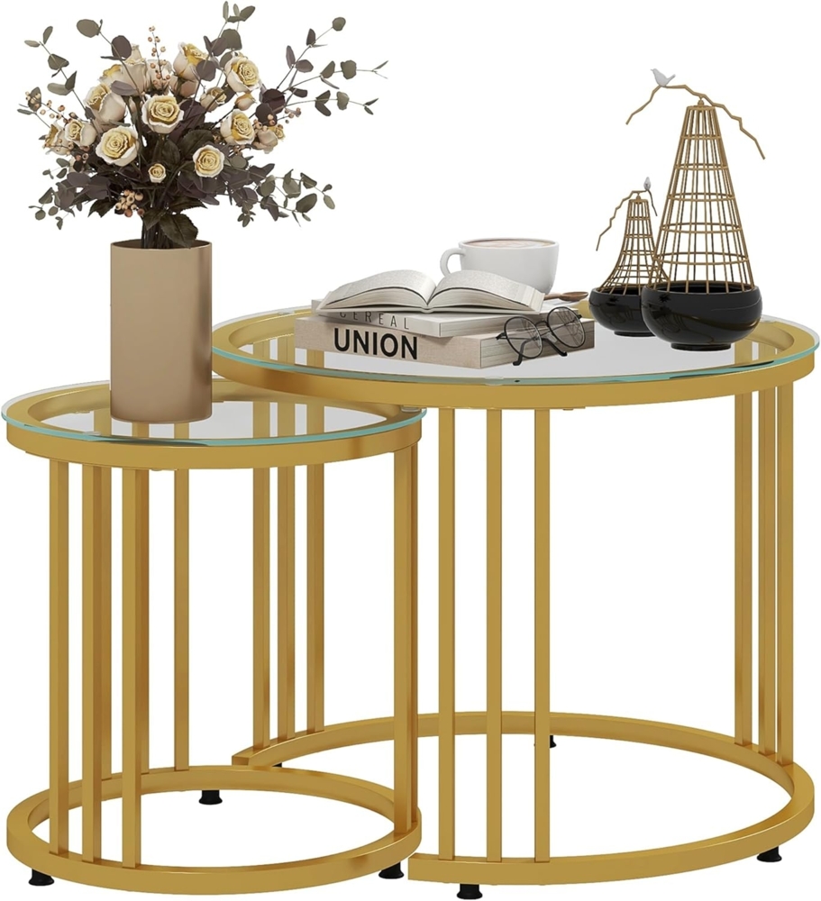 HOMCOM Couchtisch runde Couchtische Set von 2 mit gehärtetem Glas und Stahlrahmen (Beistelltisch, 2-St, Schachteltisch), für Wohnzimmer, Gold Bild 1