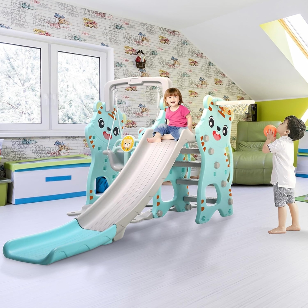 Baby Vivo 'Spielplatzschaukel / Spielgerüst mit Rutsche', ca. 210 x 187 x 122 cm, ab 2 Jahren, belastbar bis 35 / 50 kg, inkl. Basketballkorb, türkis/grau Bild 1
