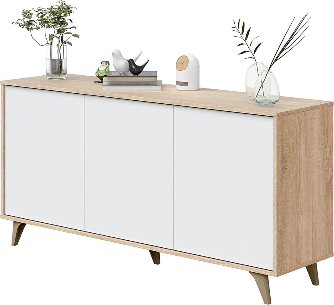 Dmora Modernes Sideboard mit 3 Türen und Regalen, Küchen-Sideboard, Wohnzimmer-Design-Buffet, 154x40h75 cm, Eiche und weiße Farbe Bild 1