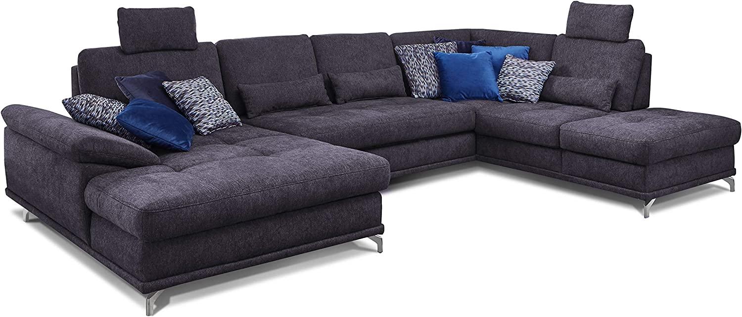 Cavadore Wohnlandschaft Castiel mit Federkern / Großes Schlafsofa in U-Form mit Bettkasten, Sitztiefenverstellung und Kopfstützen / 368 x 114 x 232 / Webstoff, Dunkelblau Bild 1