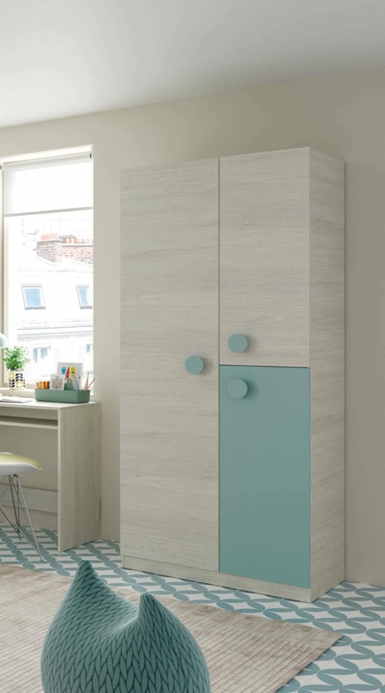 Dmora - Garderobe Manchester, Kleiderschrank im Schlafzimmer, Schrank mit 3 Türen und 3 Einlegeböden mit Kleiderstange, cm 90x52h200, Weiß und blaugrün Bild 1