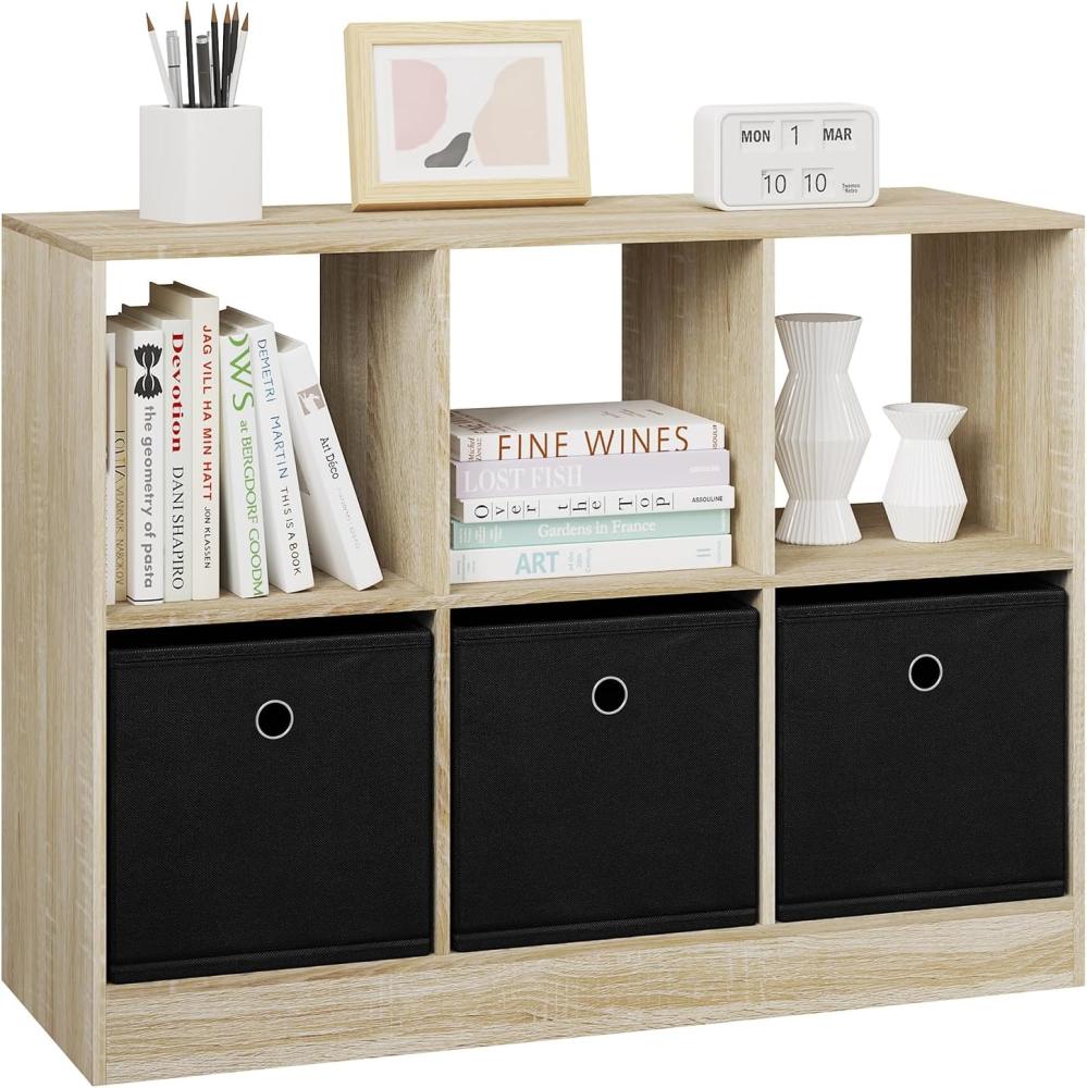 WOLTU Bücherregal mit 3 Schubladen aus Vliesstoff, Standregal mit 6 Fächern, Würfelregal für Schlafzimmer Wohnzimmer Arbeitszimmer Büro, helle Eiche, 80x60x30 cm, SK033hei Bild 1