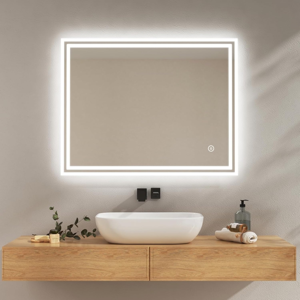 EMKE Badezimmerspiegel mit Beleuchtung, 90x70 cm, beschlagfrei, Touch-Schalter, Badezimmerspiegel, kaltweiß, dimmbar, Memory-Funktion, automatische Abschaltung nach 3 Stunden, LED-Spiegel Bild 1
