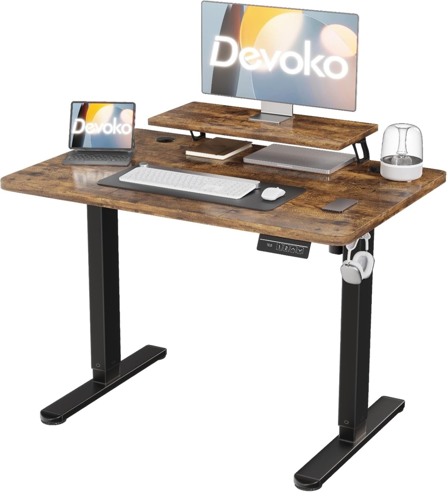 Devoko 120×60cm Elektrisch Höhenverstellbarer Schreibtisch mit Monitorständer, Computer-Schreibtisch, mit 2 Höhen-Speicherfunktionen, Vintagebraun Bild 1