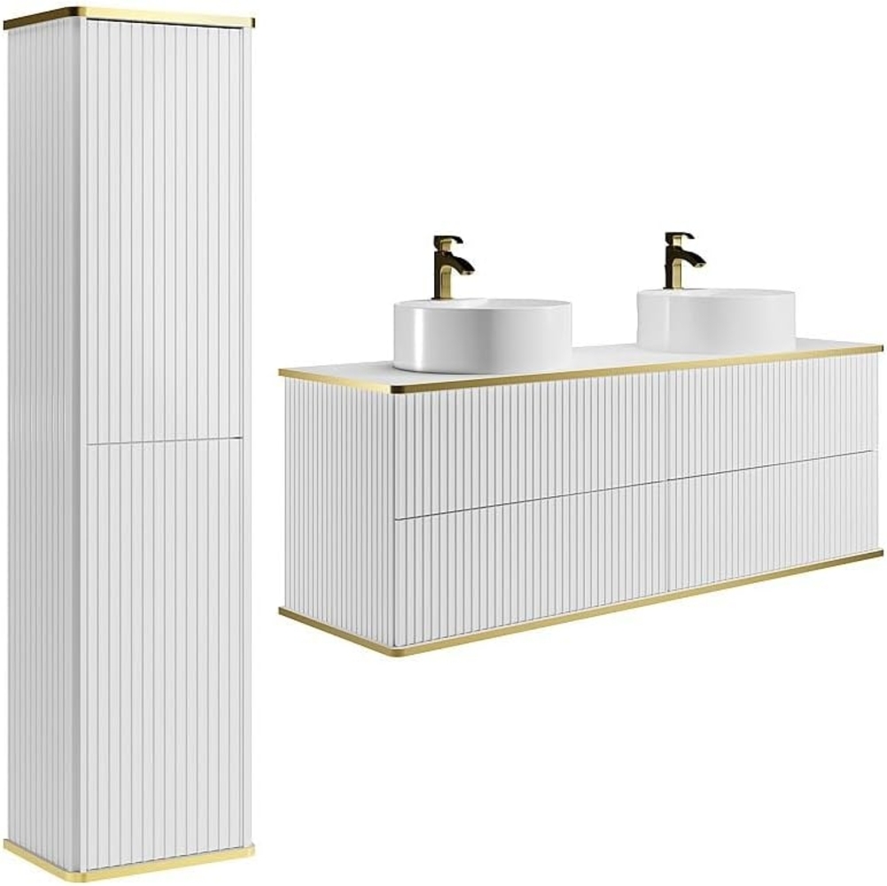 Vente-unique - Waschbeckenunterschrank hängend mit rundem Aufsatzwaschbecken und Säule - Streifenoptik - Weiß - 150 cm - KELIZA Bild 1