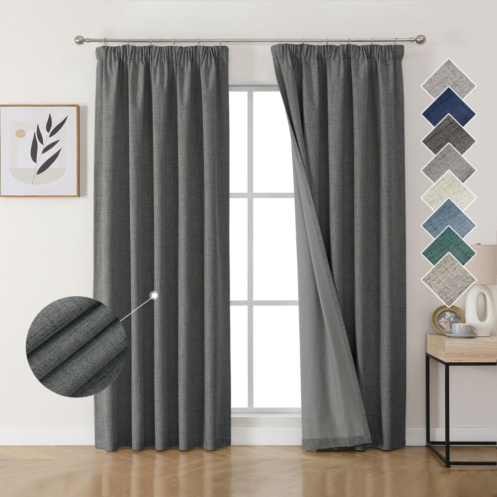 Joydeco 100% Verdunkelungsvorhänge Leinen Gardinen mit Kräuselband 2er Set H229xB117cm Grau, Thermovorhang Kälteschutz Blickdicht Schallschutz Ideal für Wohnzimmer passt zu Schienensystemen Bild 1