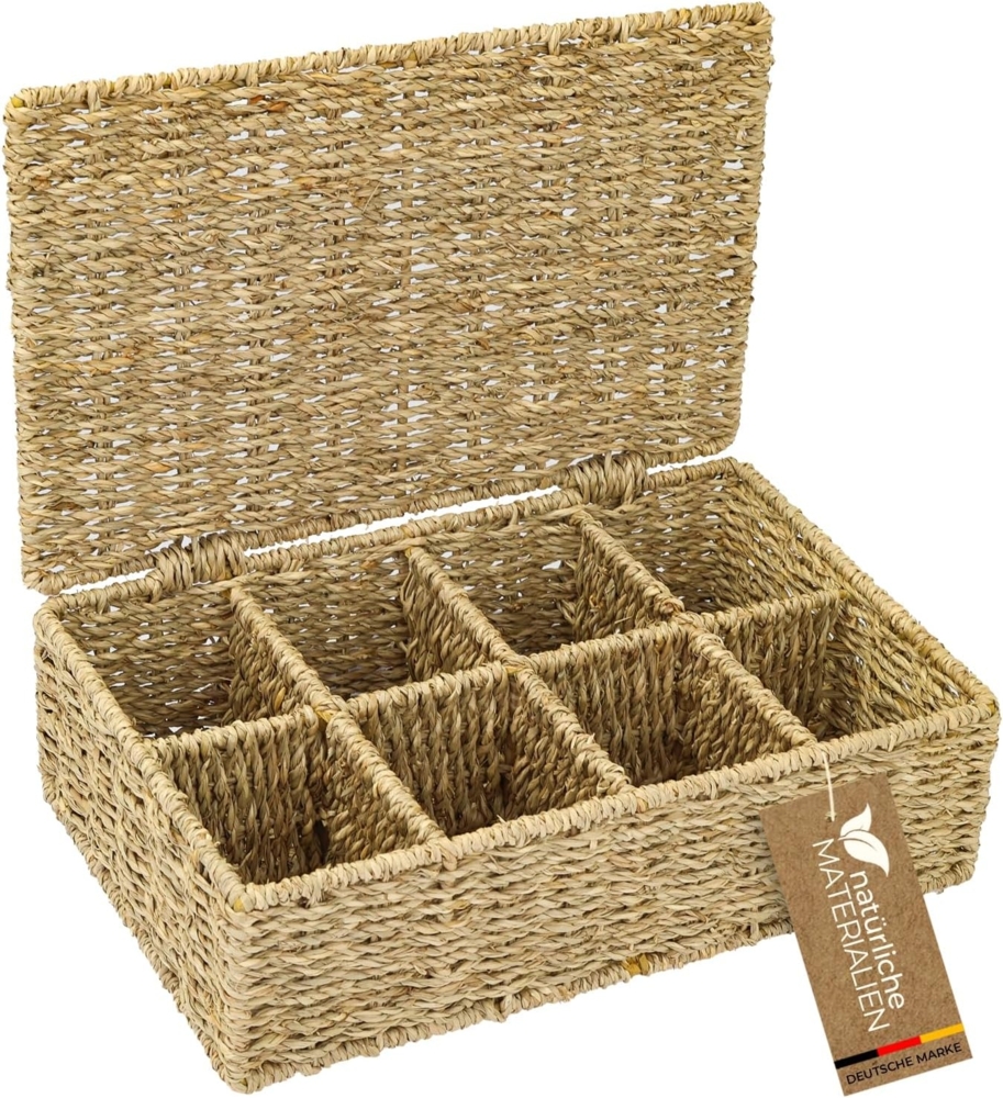 HMF Teebox Teebox für Teebeutel geflochten aus Seegras, Seegras, Tee Aufbewahrungsbox mit 8 großen Fächern, 33 x 21 x 10 cm Bild 1