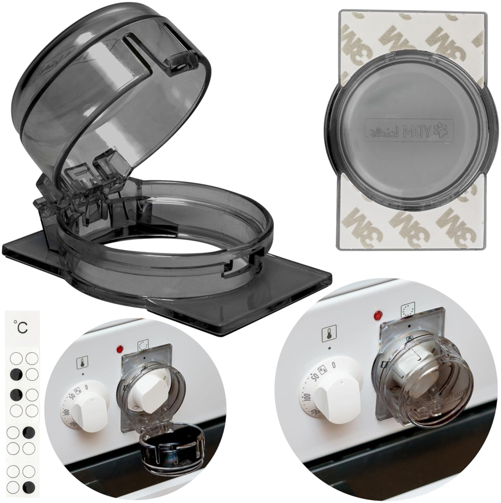 Herdknopf Kindersicherung, 1 Pack, Montage ohne Knopf Demontage, für max. Ø 4,9 cm und 4 cm hohe Herdknöpfe Schutz mit min. 6,1 cm Abstand Mitte-Mitte, Transparent-Schwarz, Herdschutz Baby Sicherung Bild 1