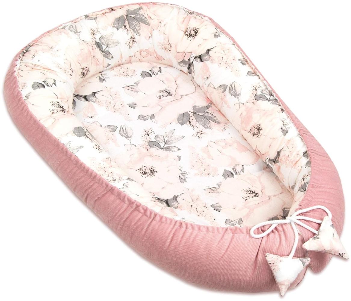 PIMKO Multifunktionale 2seitig Baby nest Kuschelnest Kokon für Babys Nestchen antiallergischre Neugeborene Kokon Reisebett 55 x 90cm Baumwolle und VELVET (Blume und rose) Bild 1