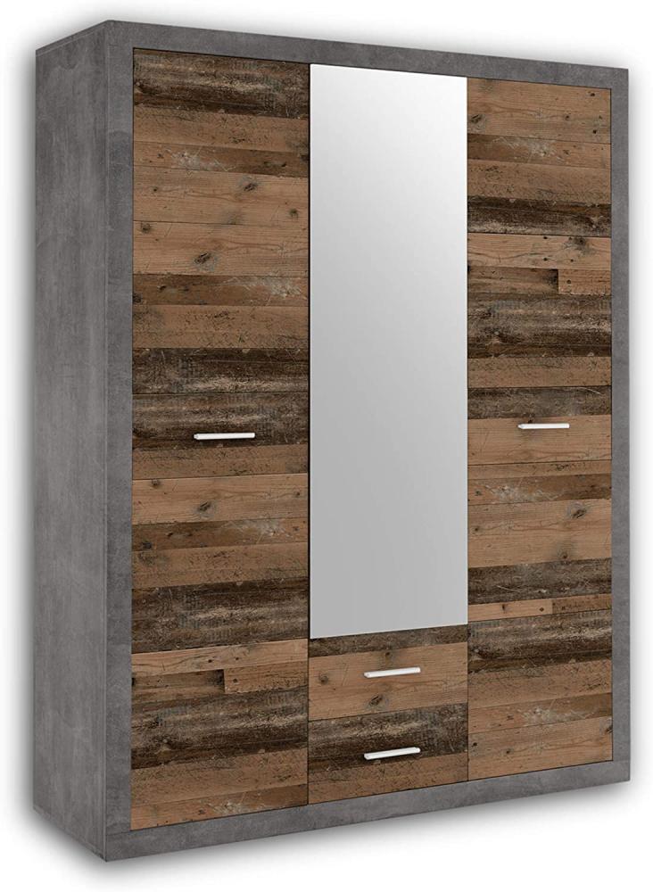 Stella Trading Stone Eleganter Kleiderschrank mit viel Stauraum und Spiegeltür - Vielseitiger Drehtürenschrank in Old Style Optik und Betonoxid - 151 x 198 x 55 cm (B/H/T) Bild 1