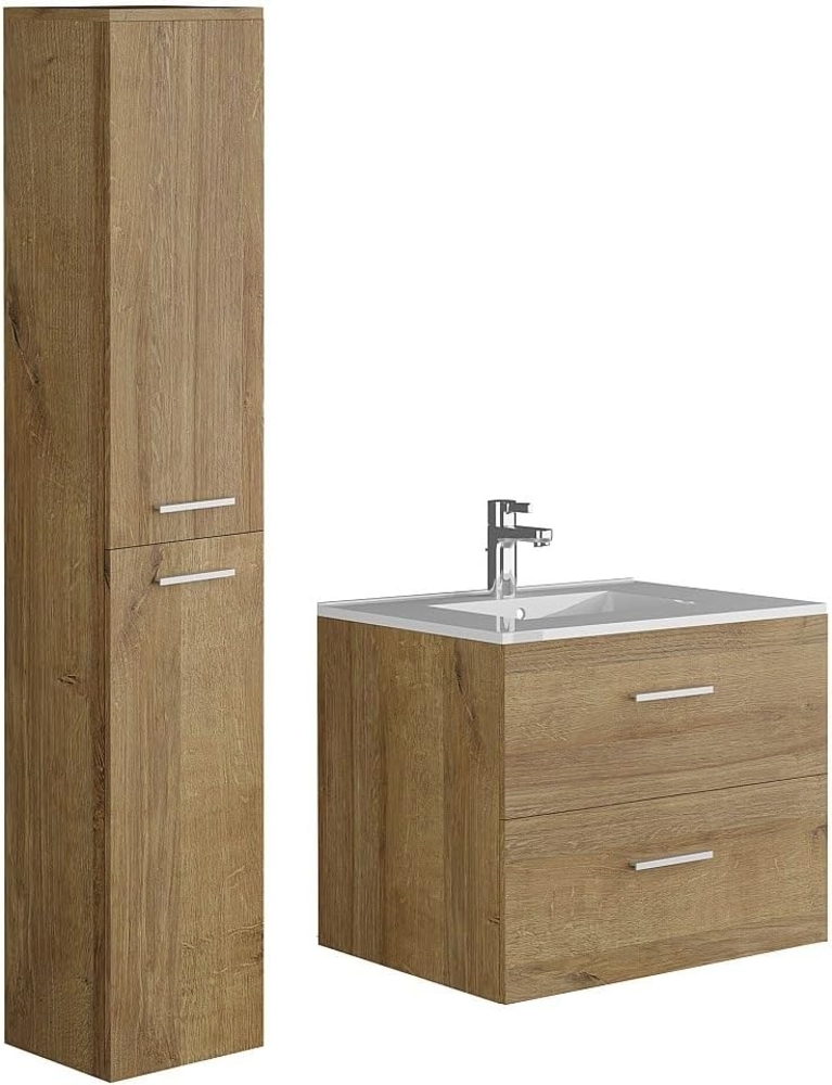 Vente-unique - Waschbeckenunterschrank hängend mit Einzelwaschbecken + vertikalem Schrank - Helles Holz - 60 cm - KAYLA Bild 1