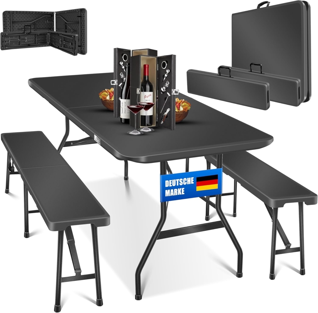 KESSER® Bierzeltgarnitur 3-teilig Set Tisch + 2X Bank, für drinnen - draußen klappbar Tragegriffe, 183 x 76 x 74 cm, Kunststoff, Rattan-Look Gartengarnitur, Klapptisch, Gartentisch, Glatt/Schwarz Bild 1