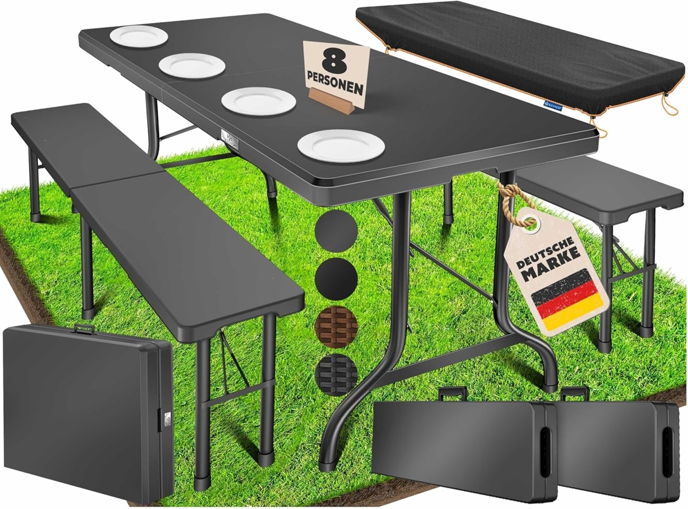 KESSER® Bierzeltgarnitur - 3-teilig Set, Tisch + 2 x Bank, für drinnen - draußen, klappbar, Tragegriffe, HxBxT: 73x180x75 cm , Kunststoff, Rattan-Look Gartengarnitur , Klapptisch , Gartentisch Anthrazit, Glatt Bild 1
